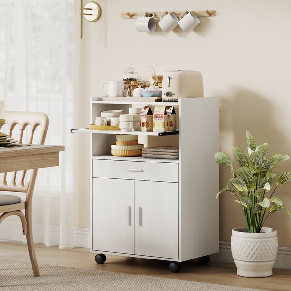 HOMCOM Mobile portamicroonde, con ripiano, armadietto a due ante, cassetto, ruote, Bianco | Aosom Italy