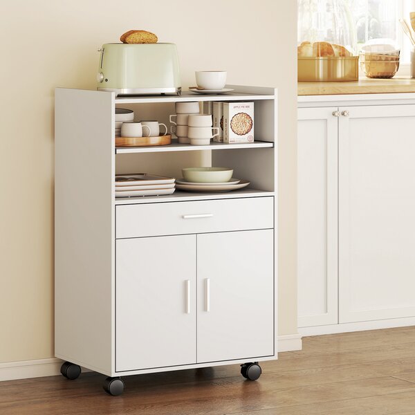 HOMCOM Mobile portamicroonde, con ripiano, armadietto a due ante, cassetto, ruote, Bianco | Aosom Italy