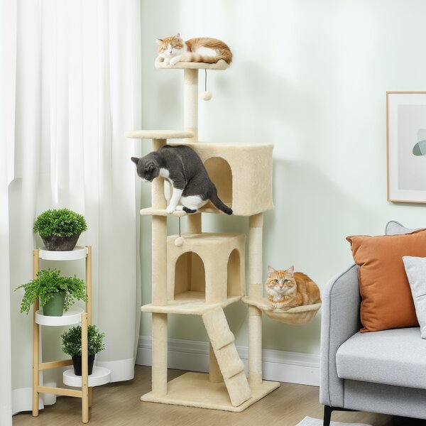 PawHut Tiragraffi per Gatti con Amaca, Scala, Tana, 2 Palline in Peluche, Pali in Sisal, 48 x 48 x 160 cm, Beige | Aosom Italy
