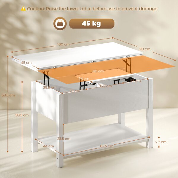HOMCOM Tavolino sollevabile ed estensibile, con scomparto nascosto e ripiano aperto 100x45x50,5cm Bianco | Aosom Italy