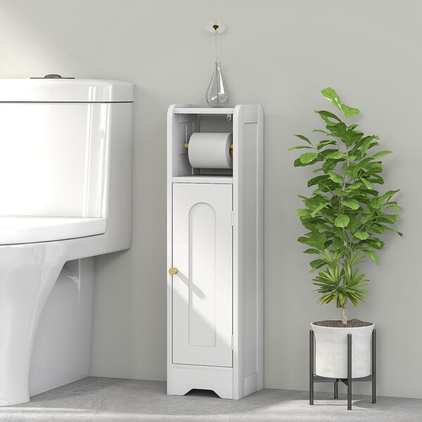 HOMCOM Mobile Porta Carta Igienica in Legno con Armadietto con Ripiano Interno Regolabile, 21x20x79 cm, Bianco | Aosom Italy