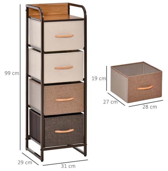 HOMCOM Cassettiera 4 Cassetti Pieghevoli in Tessuto e Struttura in Legno e Metallo, 31x29x99 cm, Multicolore | Aosom Italy