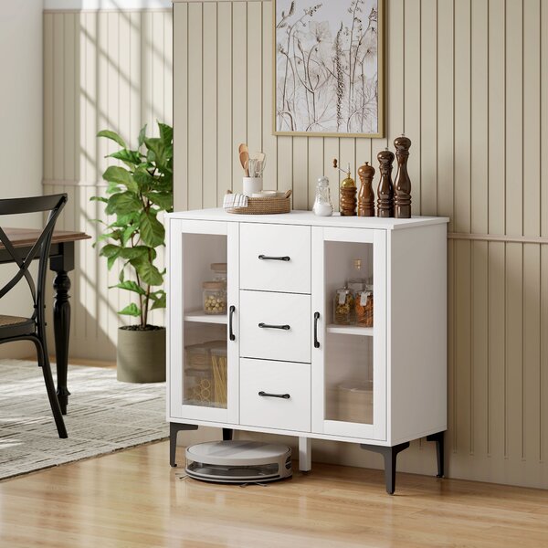 HOMCOM Credenza moderna, con 3 cassetti, 2 ante in vetro, ripiani regolabili, in MDF, Bianco | Aosom Italy
