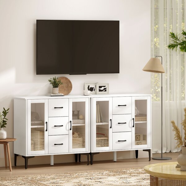 HOMCOM Credenza moderna, con 3 cassetti, 2 ante in vetro, ripiani regolabili, in MDF, Bianco | Aosom Italy