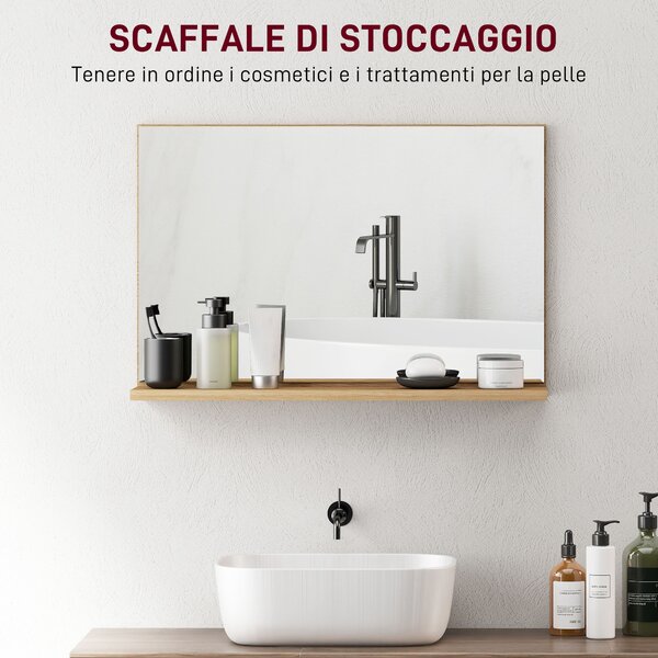 Kleankin Specchio Bagno da Parete con Mensola Design Moderno e Multiuso, 60x12x40 cm, Legno | Aosom Italy