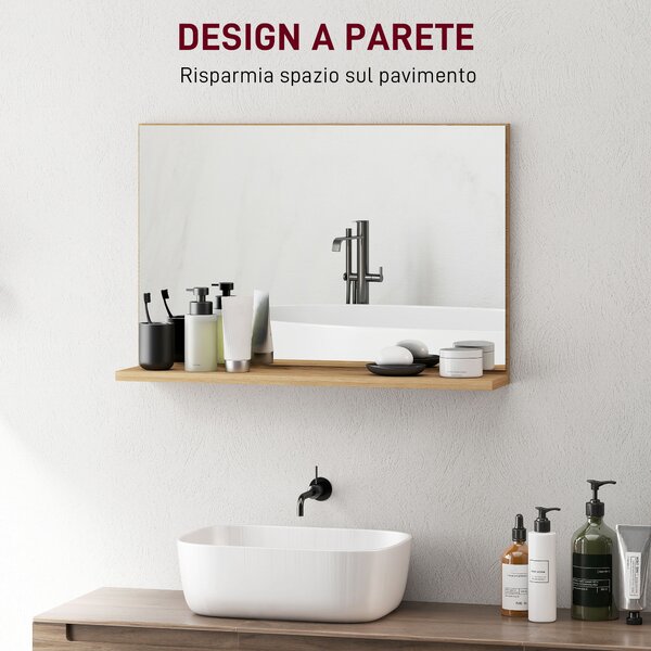 Kleankin Specchio Bagno da Parete con Mensola Design Moderno e Multiuso, 60x12x40 cm, Legno | Aosom Italy