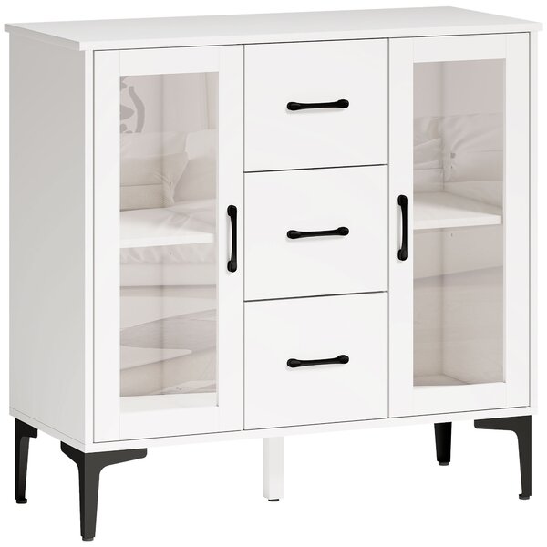 HOMCOM Credenza moderna, con 3 cassetti, 2 ante in vetro, ripiani regolabili, in MDF, Bianco | Aosom Italy