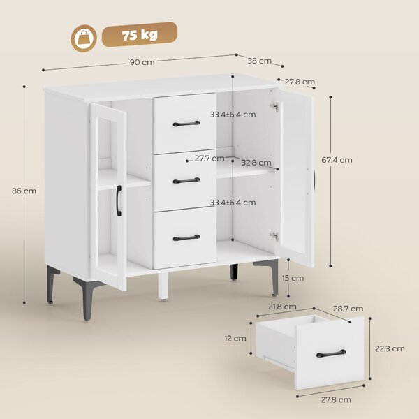 HOMCOM Credenza moderna, con 3 cassetti, 2 ante in vetro, ripiani regolabili, in MDF, Bianco | Aosom Italy
