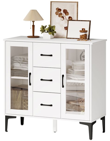HOMCOM Credenza moderna, con 3 cassetti, 2 ante in vetro, ripiani regolabili, in MDF, Bianco | Aosom Italy