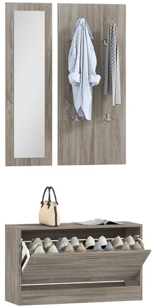 Set da Ingresso con Scarpiera Appendiabiti e Specchio in Legno e Vetro Grigio