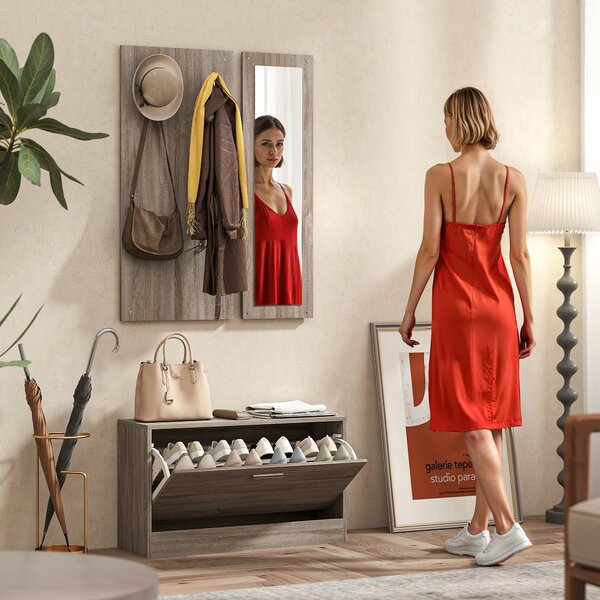 Set da Ingresso con Scarpiera Appendiabiti e Specchio in Legno e Vetro Grigio