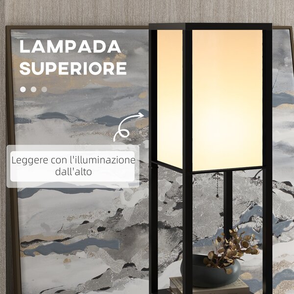 HOMCOM Lampada Lampadina da Terra Illuminazione Interna Salvaspazio con Ripiani da Soggiorno Cotone, MDF 26 x 26 x 160 cm Nero e Bianco|Aosom