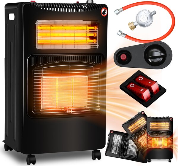 Clanmacy stufa a gas stufa a gas radiante 4,2 KW caminetto a gas incl. regolatore + tubo flessibile + adattatore da DE a UE 3 e 4 stufe a gas bombole di gas butano o propano fino a 15 kg nero