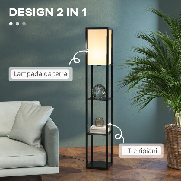 HOMCOM Lampada Lampadina da Terra Illuminazione Interna Salvaspazio con Ripiani da Soggiorno Cotone, MDF 26 x 26 x 160 cm Nero e Bianco|Aosom