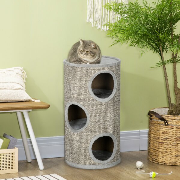 PawHut Cuccia per Gatti a 3 Livelli con Tiragraffi in Sisal e Peluche, Ø38x70cm, Grigio Chiaro|Aosom