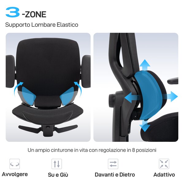 HOMCOM Sedia da Ufficio Ergonomica e Traspirante con Supporto Lombare Dinamico e Poggiapiedi, 73x75x120-128 cm, Nero | Aosom Italy