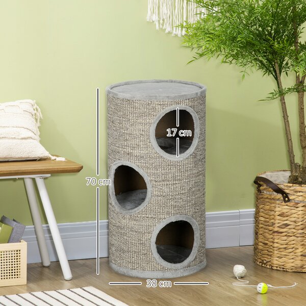 PawHut Cuccia per Gatti a 3 Livelli con Tiragraffi in Sisal e Peluche, Ø38x70cm, Grigio Chiaro|Aosom