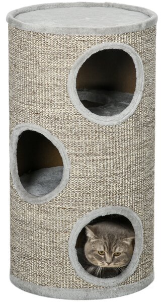 PawHut Cuccia per Gatti a 3 Livelli con Tiragraffi in Sisal e Peluche, Ø38x70cm, Grigio Chiaro|Aosom