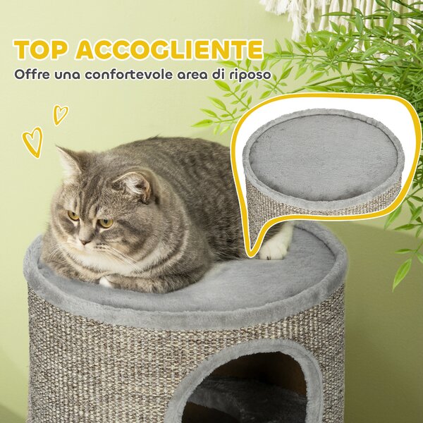 PawHut Cuccia per Gatti a 3 Livelli con Tiragraffi in Sisal e Peluche, Ø38x70cm, Grigio Chiaro|Aosom