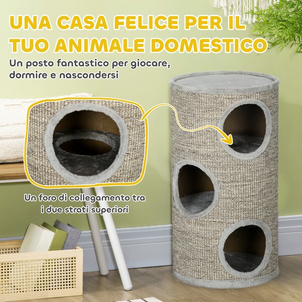 PawHut Cuccia per Gatti a 3 Livelli con Tiragraffi in Sisal e Peluche, Ø38x70cm, Grigio Chiaro|Aosom