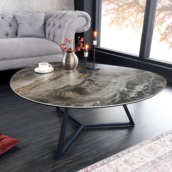 Riess-ambiente Tavolino moderno MARVELOUS 90 cm taupe nero marmo metallo Vetroceramica tavolino da salotto