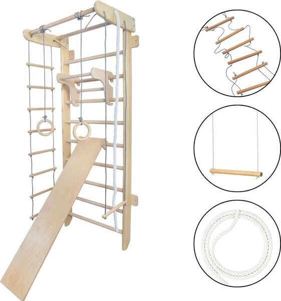 Parco giochi interno con pareti in legno "Numi Plus" + anelli ginnici + scivolo | struttura di arrampicata per bambini