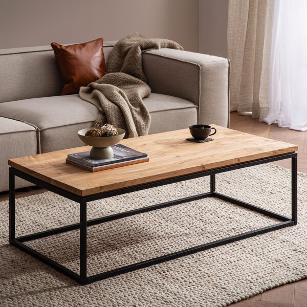 FineBuy Tavolino da caffè in legno massiccio di acacia 120 cm - Tavolo rettangolare da soggiorno con struttura in metallo nero - Tavolo industriale in legno massiccio fatto a mano