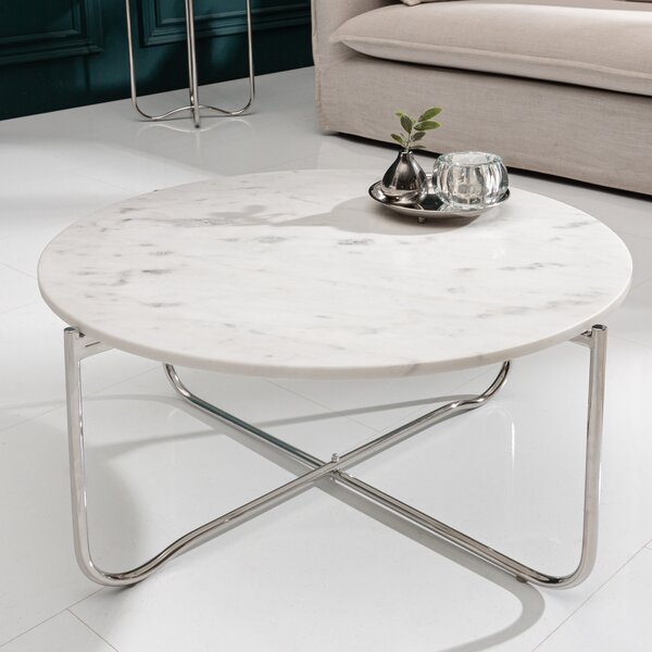 Riess-ambiente Tavolino rotondo NOBLE 65 cm bianco marmo piano rimovibile ribaltabile argento metallo tavolino tavolino