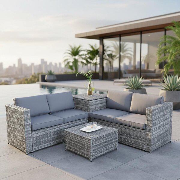 Gruppo di seduta XXL in poly rattan + scatola di cuscini divano da giardino set di sedute da giardino grigio