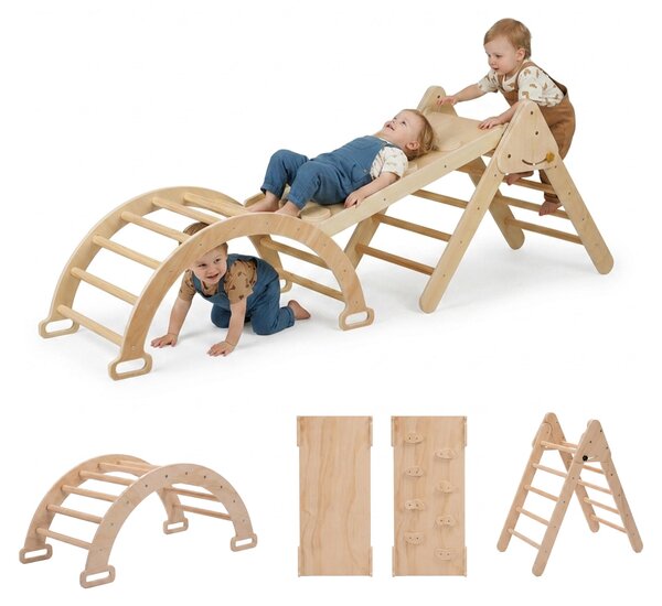 Relaxdays - Struttura a triangolo per arrampicata, 3 in 1, arco per arrampicata, scivolo a doppia pista, dai 18 mesi in su, legno, struttura per arrampicata da interno, colore naturale
