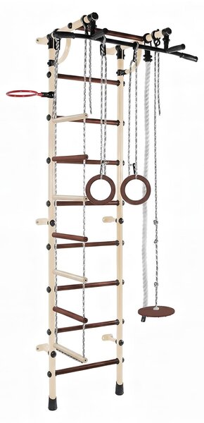 Spalliera per bambini: struttura da arrampicata da interno in metallo con scala di corda e ruote da ginnastica – Gamma Plus, beige