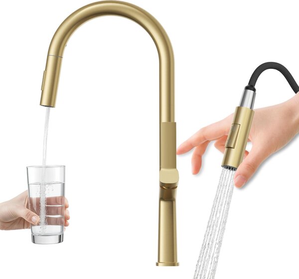 Granitan | Miscelatore da cucina Ellis - Modello alto - Oro spazzolato - Design moderno - Rotazione a 360° - Bocca flessibile
