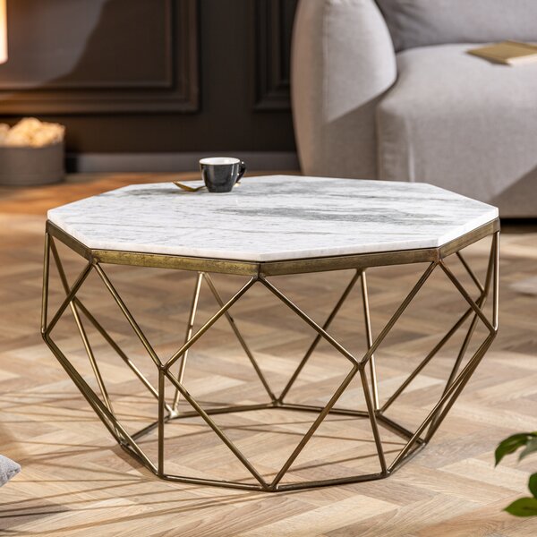 Elegante tavolino DIAMOND 70 cm bianco ottone con piano in marmo