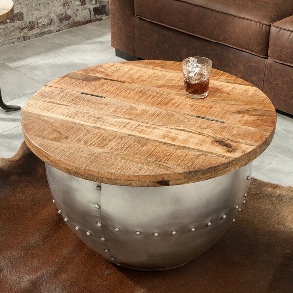 Riess-ambiente Tavolino rotondo DRUMP STORAGE 70 cm, legno di mango naturale argento con vano portaoggetti, tavolino industriale
