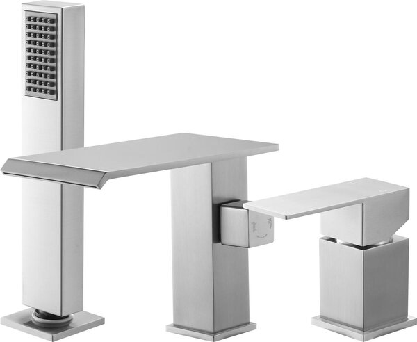 Miscelatore per vasca - Miscelatore a 3 fori per vasca - Con doccetta - Miscelatore monocomando - Alta portata - Due bocchette - Acciaio inox spazzolato