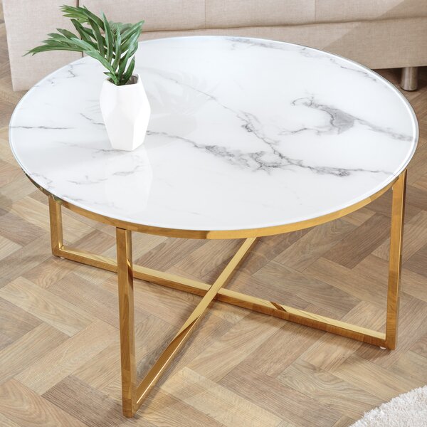 Elegante tavolino da salotto BOUTIQUE, 80 cm, bianco, rotondo, in vetro cristallo con decorazioni in marmo e struttura dorata