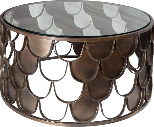 Riess-ambiente Tavolino rotondo ABSTRACT 60 cm in ottone anticato, metallo e vetro, stile industriale, design a squame di pesce, tavolino da salotto