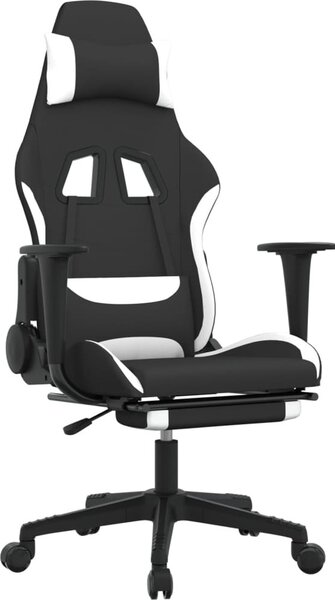 Sedia da gaming vidaXL con funzione massaggio e poggiapiedi, in tessuto bianco e nero