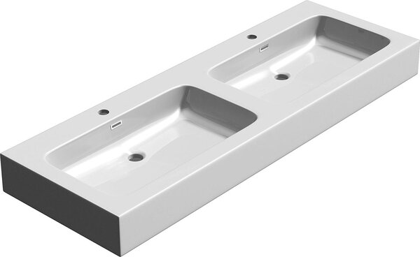 Doporro Lavabo da Appoggio, Lavandino Bagno 140x48x13cm, Lavabo da Minerale Fuso Colossum830, due Fori per la Rubinetteria, Bianco Lucido