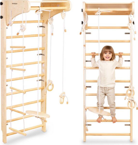 Grande parete da arrampicata Montessori in legno con accessori - altalena a piastre, anelli ginnici e corda da arrampicata | Mamabrum