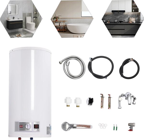 Bollitore elettrico per acqua calda - 50 L - 2000 W - Montaggio verticale a parete - Termostato 25-75 °C - IPX4 - Acciaio inox e smalto