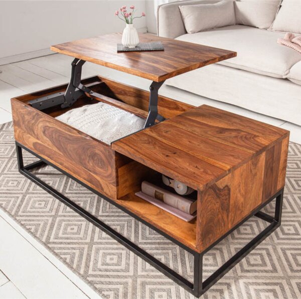 Riess-ambiente Tavolino regolabile in altezza MAKASSAR FUNCTION 110cm legno massello di sheesham marrone finitura pietra