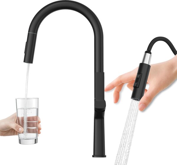 Miscelatore da cucina Granitan | Ellis - Nero - Alto - Bocca girevole - Design moderno - Flessibile