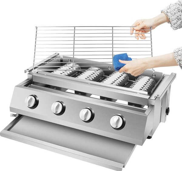 Barbecue a gas - Barbecue in acciaio inossidabile - 4 bruciatori, 55,8 x 23,2 cm - Coperchio in acciaio pesante - Ampia griglia per terrazza e cucina all'aperto - Argento