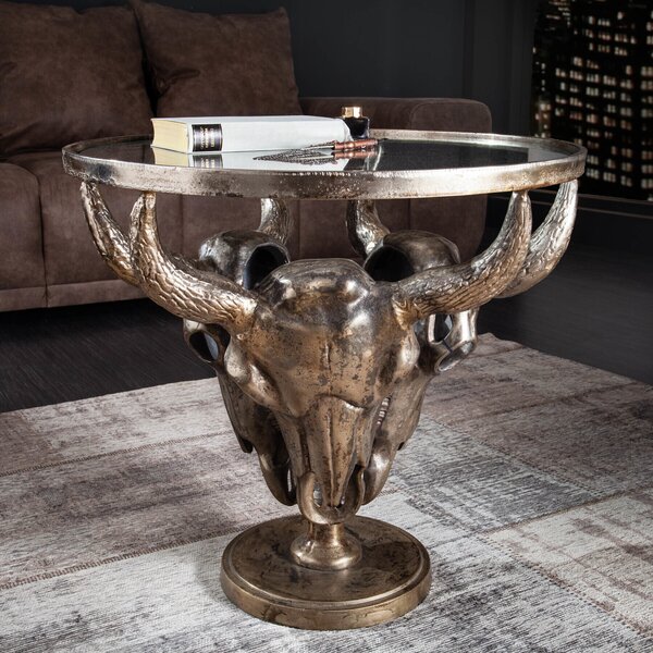 Riess-ambiente Tavolino stravagante MATADOR 56 cm in bronzo con testa di toro e piano in vetro Tavolino da salotto