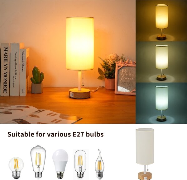 Brilagi - Lampada da tavolo con porta USB TABLON 1xE27/25W/230V rovere/bianco/crema
