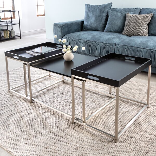 Set di 3 tavolini moderni ELEMENTS 75cm in acciaio nero con vassoio estraibile