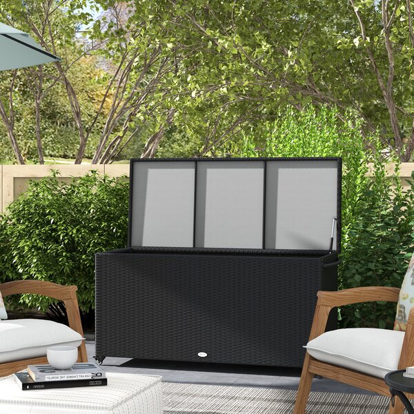Outsunny Baule da Giardino in Rattan PE con Ruote e Maniglia Laterale, 121x57x67cm, Nero|Aosom