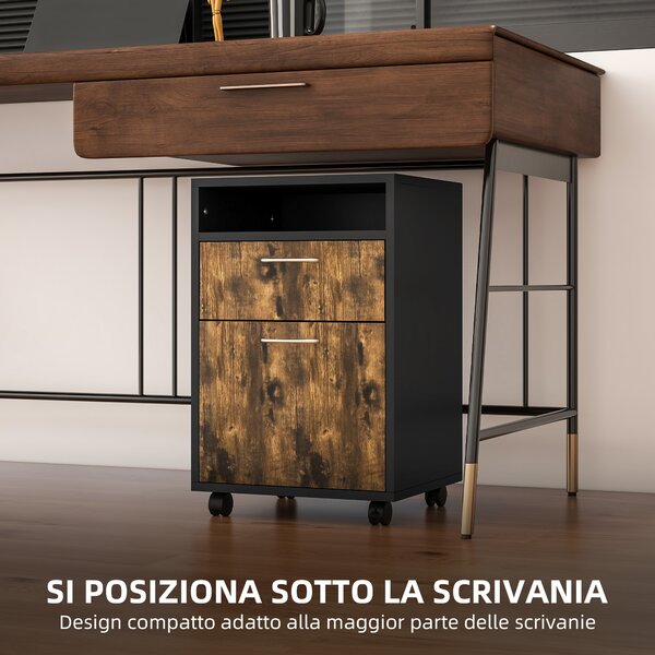 HOMCOM Cassettiera Portadocumenti con Cassetti e Ripiani, 4 Ruote, Maniglie in Metallo, Struttura in MDF, 40x35x60 cm, Marrone e Nero | Aosom Italy