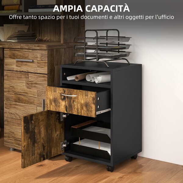 HOMCOM Cassettiera Portadocumenti con Cassetti e Ripiani, 4 Ruote, Maniglie in Metallo, Struttura in MDF, 40x35x60 cm, Marrone e Nero | Aosom Italy